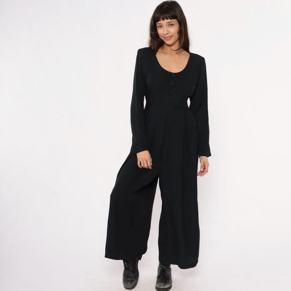 90s Black Jumpsuit Wide Leg Pants Long Sleeve Tie Waist Palazzo Style Minimalist Vintage One Piece Outfit Grunge Pantsuit Medium M