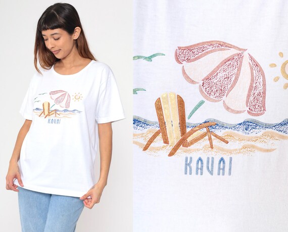 Kauai Hawaii Shirt Metallic Beach Print Tshirt Tropical Shirt 00s Graphic Tee Retro Vintage T Shirt Y2K Medium Large