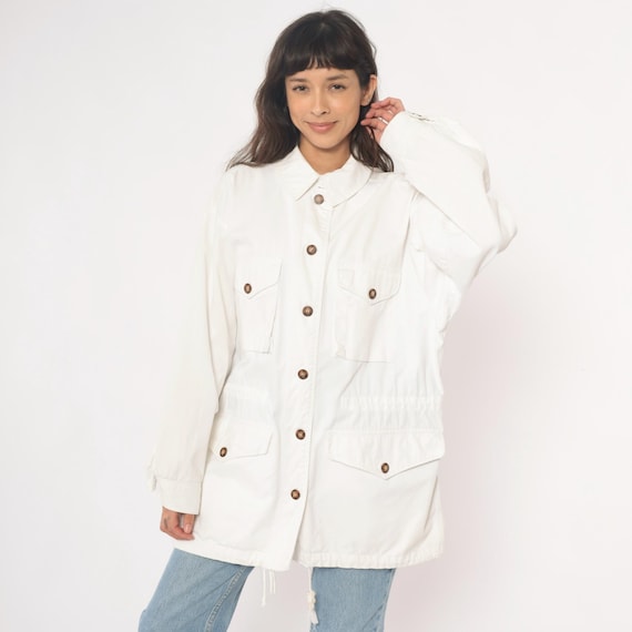 White Utility Jacket 90s Cotton Drawstring Pockets Adrienne Vittadini Field Jacket Minimal Ivory Cream Collar Long Sleeve Medium M