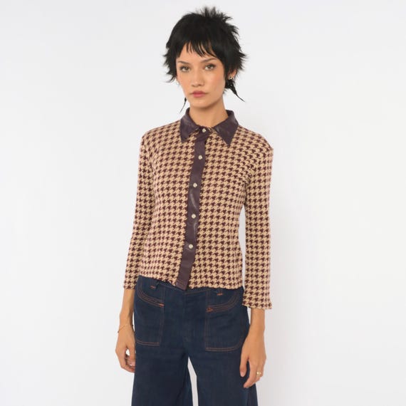 Y2K Houndstooth Top Beige Burgundy Long Sleeve Fitted Cropped Shirt Mod Preppy Dark Academia Blouse Check Print Womens Extra Small XS