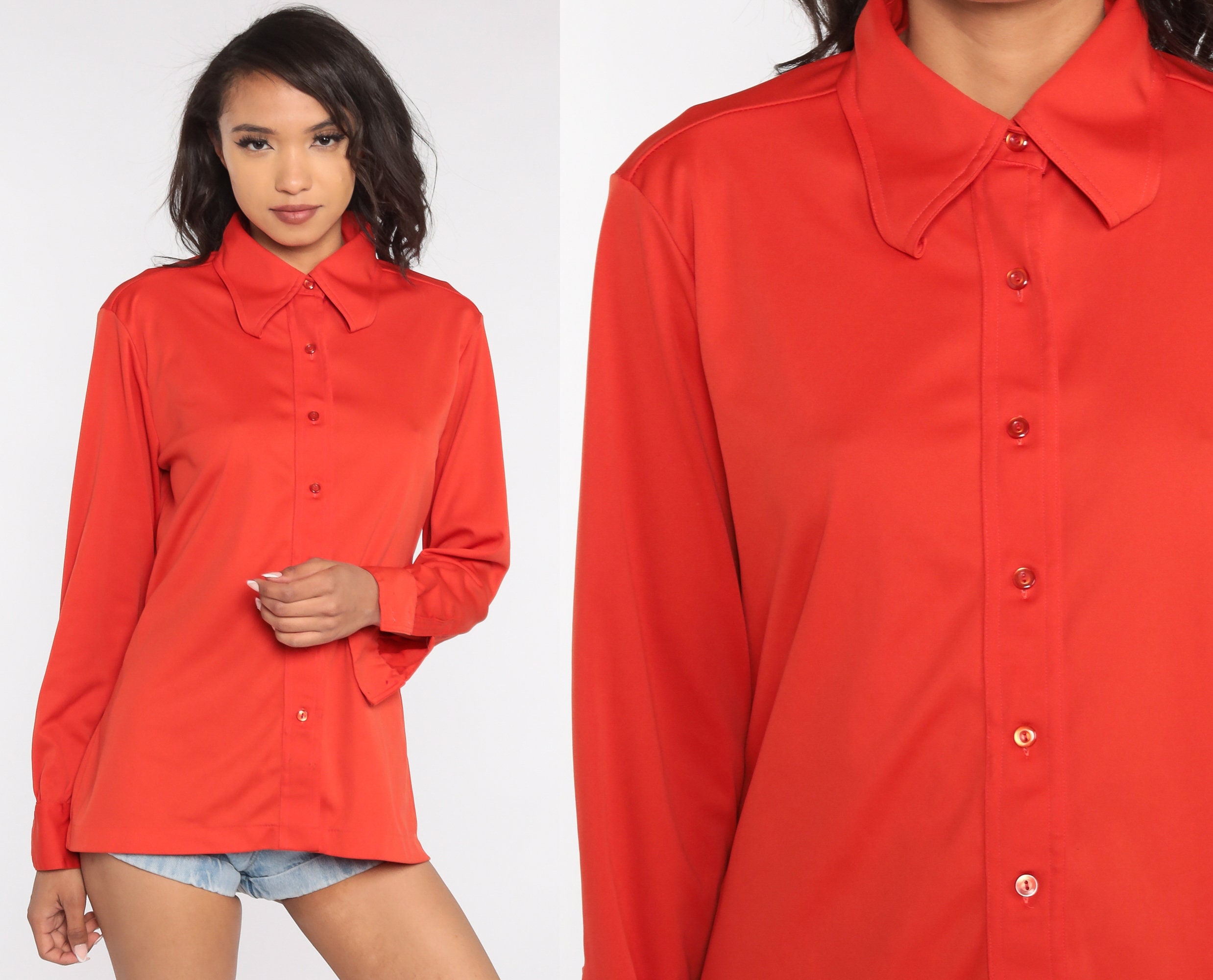 70s Red Shirt Dagger Collar Shirt Button Up Shirt Long Sleeve Etsy