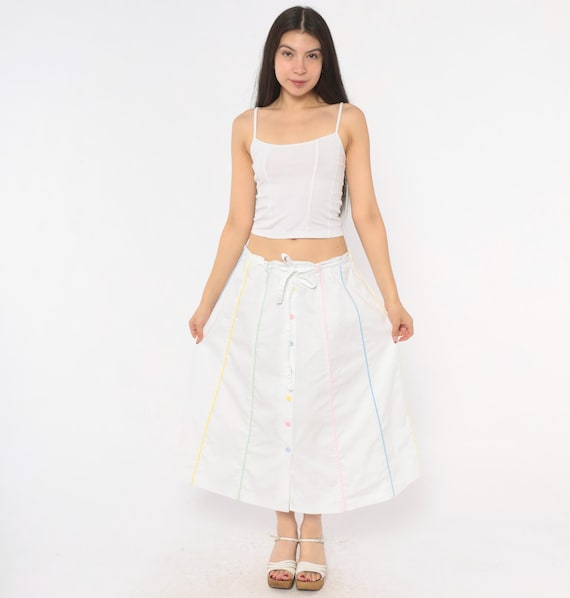 80s Rainbow Pastel Button Front Skirt White Cotton A Line Midi  Drawstring Colorful Stripe Prairie Cottage Core Summer Flared Medium M