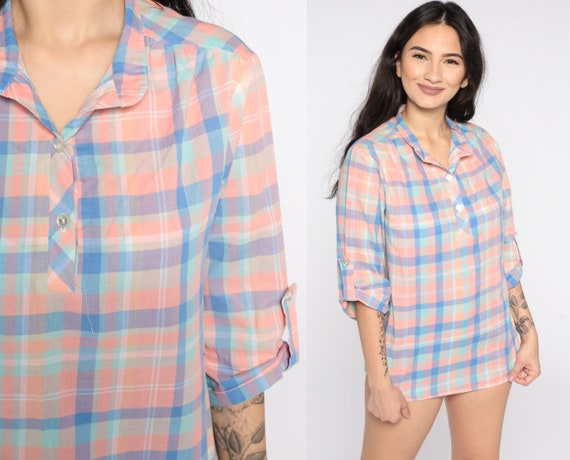Pink Plaid Shirt 80s Button Up Blouse Checkered Print 3/4 Sleeve Plaid Top 1980s Short Sleeve Vintage Medium