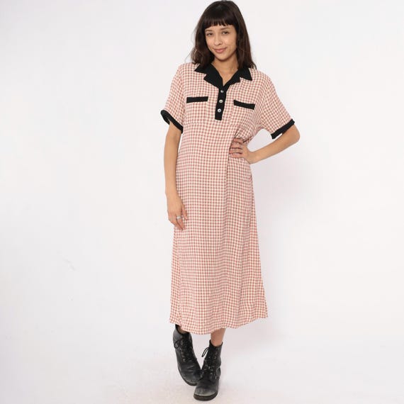 Polo Gingham Dress 90s Red Beige Cream Black Checkered Collared Contrast Trim Vintage Cottagecore Prairie Summer Soft Grunge Medium Large ML