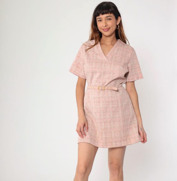 70s Mod Mini Dress Pink Checkered Dress Belted Shift Twiggy 1970s Vintage Short Sleeve Minidress V Neck Orange Brown Flecked Medium M