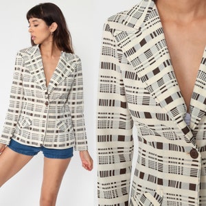 Cream Plaid Blazer Checkered Jacket 70s Jacket Brown Button Up 1970s Tartan Jacket Vintage Retro Tailored Preppy Extra Small xs