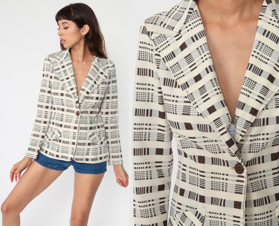 Cream Plaid Blazer Checkered Jacket 70s Jacket Brown Button Up 1970s Tartan Jacket Vintage Retro Tailored Preppy Extra Small xs