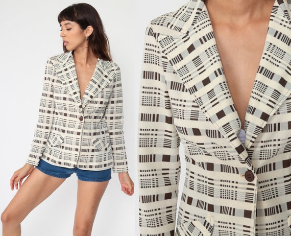 Cream Plaid Blazer Checkered Jacket 70s Jacket Br… - image 1