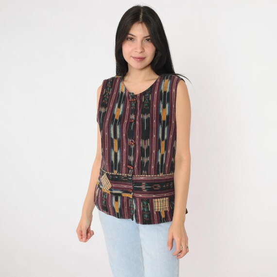 Vintage Ikat Striped Shirt 90s Sleeveless Hippie Top Boho Toggle Button Up Black Bohemian Patchwork Tunic Top Purple Festival Medium M