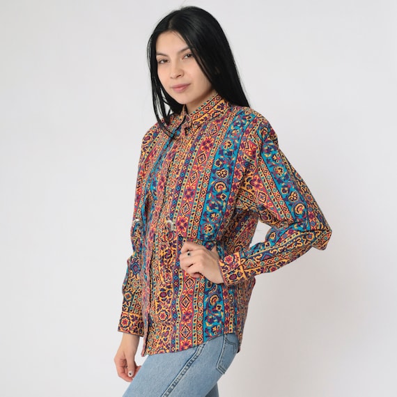 Floral Western Shirt 90s Frontier Series Concho 1990s Southwestern Striped Button Up Shirt Rodeo Long Sleeve Cowgirl Shirt Vintage Medium