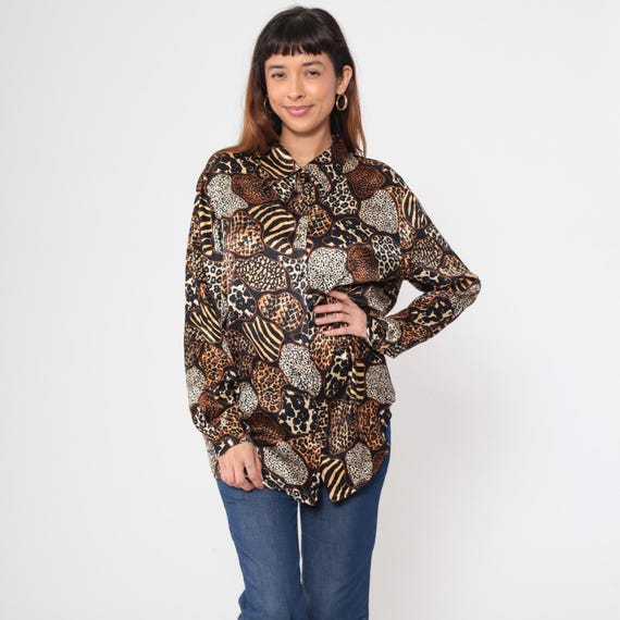 Leopard Print Blouse Y2K Silk Animal Print Shirt Oversized Long Sleeve Button Down Mixed Safari Pattern Vintage Silk Blouse Medium M
