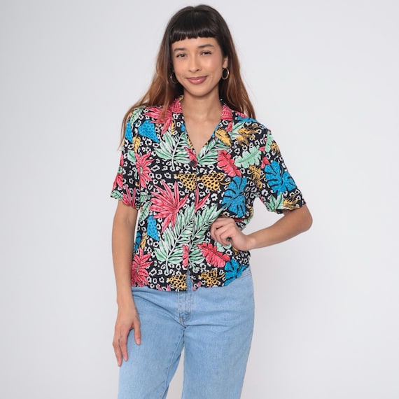 Black Hawaiian Shirt 80s Tropical Floral Button Up Orchid Flower Print Retro Surfer Vacation Short Sleeve Vintage 1980s Rayon Large L