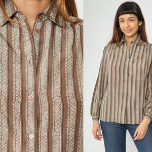 80s Striped Blouse Brown Puff Sleeve Button Up Top Retro Collar Secretary Shirt Vintage 1980s White Medium M
