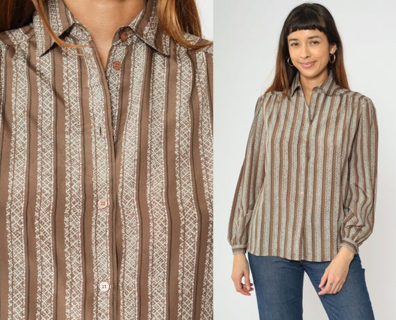 80s Striped Blouse Brown Puff Sleeve Button Up Top Retro Collar Secretary Shirt Vintage 1980s White Medium M