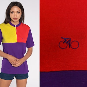 Cycling Jersey 70s Bike Shirt Purple Red Yellow Color Block Bicycle Jersey Retro Sports Quarter Zip Up Vintage 1970s Cycle Mates Medium M