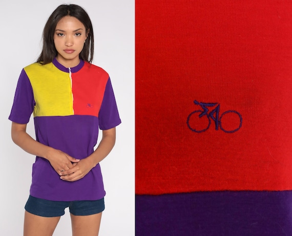 Cycling Jersey 70s Bike Shirt Purple Red Yellow Color Block Bicycle Jersey Retro Sports Quarter Zip Up Vintage 1970s Cycle Mates Medium M