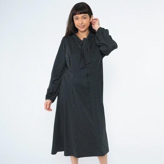Vintage 70s Black Ascot Dress Polka Dot Midi Necktie Secretary Dress Shift Bohemian Bow Long Sleeve 1970s 24 W 2xl xxl