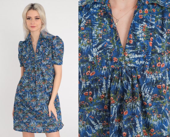 70s Floral Dress Blue Mini Dress Puff Sleeve Coll… - image 1