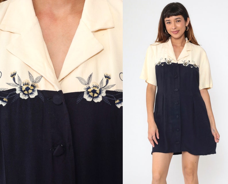 Floral Mini Dress 90s Navy Blue Embroidered Button Up Dress Sheath Grunge Casual Cream Day V Neck Short Sleeve Vintage 1990s Medium 10 image 1