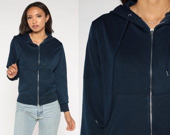 Navy Hoodie Sweatshirt 90s Hooded Sweatshirt Blue Sweatshirt Hood Zip Up Sweatshirt Slouchy Vintage Small