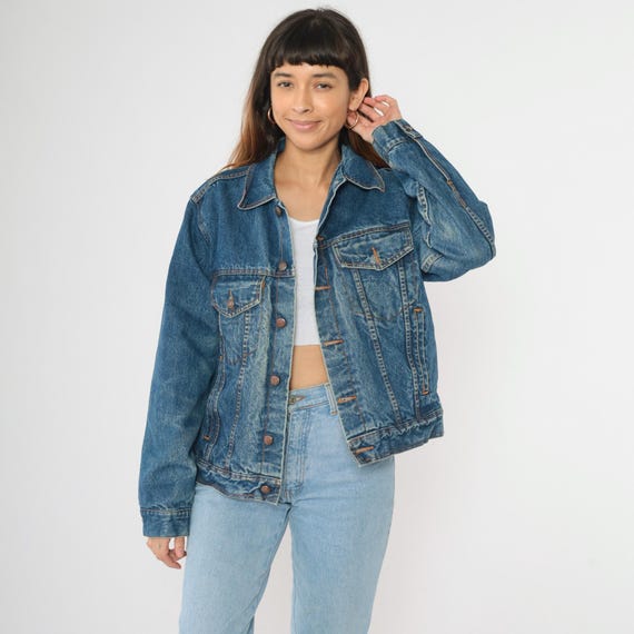 Vintage Buffalo Plaid Lined Jean Jacket 90s Denim Trucker Jacket Red Lining Button Up 1990s Biker Generation One Medium M