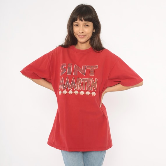 Sint Maarten Tee 90s Tribal Souvenir Shirt Red Caribbean Travel Top Seashell Beach Vacation Island Cotton Tourist Vintage Extra Large XL