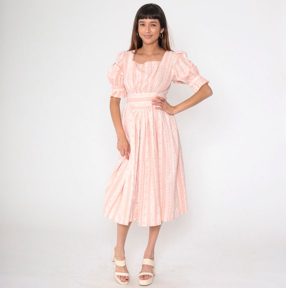 70s Floral Prairie Dress Boho Dress Baby Pink Midi Bohemian Puff Sleeve Dress Vintage Pastel Romantic High Waisted 1970s Bohemian Small S 4