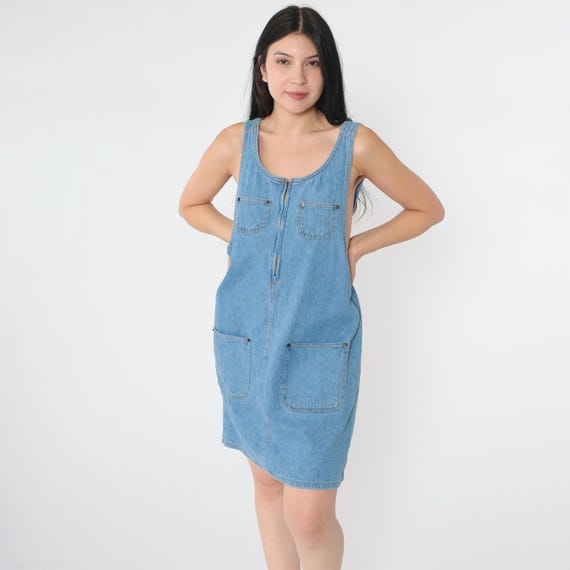 Vintage Jean Jumper Dress 90s Zip Up Blue Denim Overall Dress Retro Mini Pinafore Shift Pocket Sleeveless Casual 1990s Faded Glory Medium