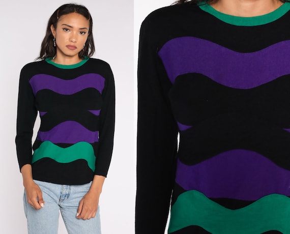 Striped Wool Shirt 80s Black Purple Long Sleeve Shirt Retro 1980s Pullover Winter Ringer Neck Squiggle Small S