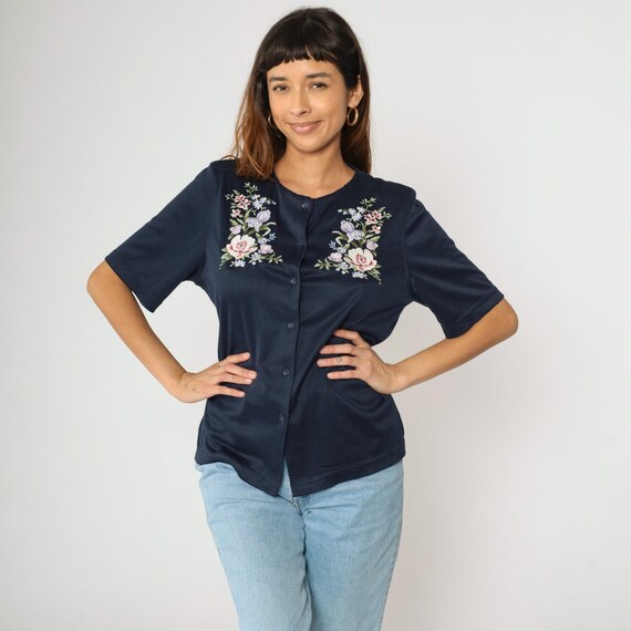Vintage Floral Embroidered Top 90s Navy Blue Flower Blouse Short Sleeve Blouse Button Up Shirt 1990s Oversized Medium M