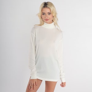 White Turtleneck Shirt 80s Long Sleeve T-Shirt Semi-Sheer Pullover Top Funnel Retro Turtle Neck Simple Plain Basic Vintage 1980s Large L