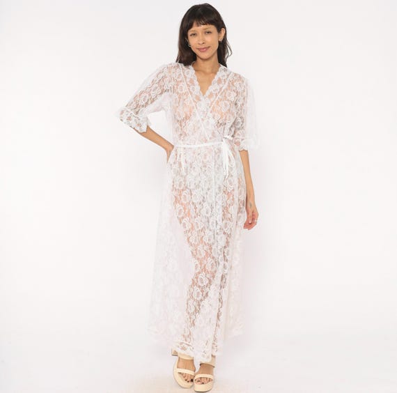 White Lace Robe 80s Sheer Floral Duster Tie Front Scalloped Trim Wrap Kimono Coverup Coquette Bridal Lingerie Housecoat Victorian Medium M