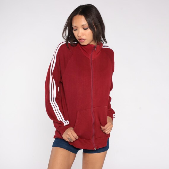Red Track Jacket 80s White Stripe Zip Front Acrylic Sportswear High Collar Raglan Sleeve Pockets Retro Athletic Streetwear Large L