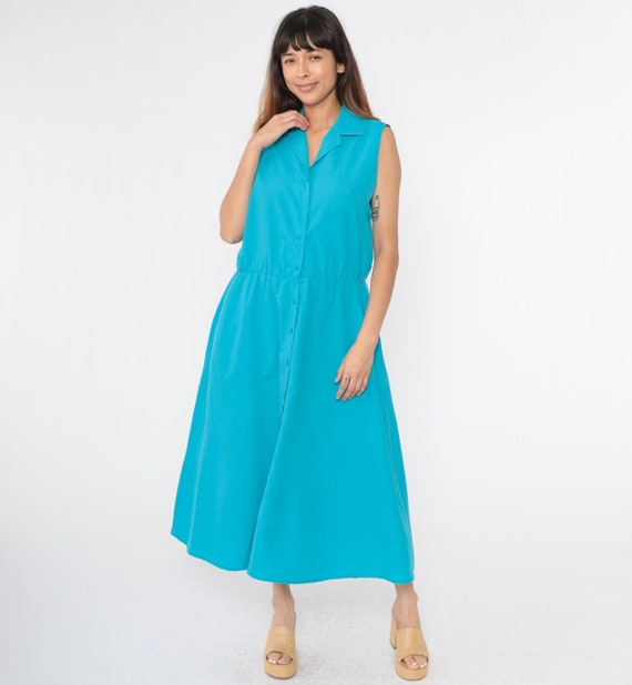 80s Turquoise Shirt Dress Midi Shirtwaist Sleeveless Shirtdress Button Up Pocket High Waisted 1980s Vintage Plain Secretary Medium Large