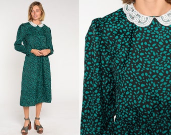 Lace Collar Dress 80s Midi Dress Black Green Pebble Dot Print High Waist Secretary Long Puff Sleeve Grandma Day Vintage 1980s Medium