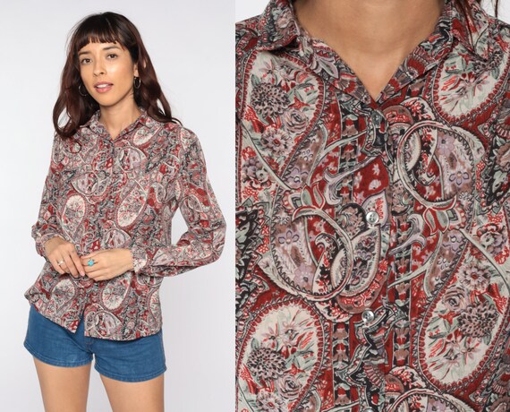 80s Blouse Paisley Shirt Button up 