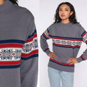 Nordic Snowflake Sweater 80s Ski Sweater Grey Geometric Fair Isle Sweater Boho Knit Retro Norwegian 1980s Pullover Medium Large