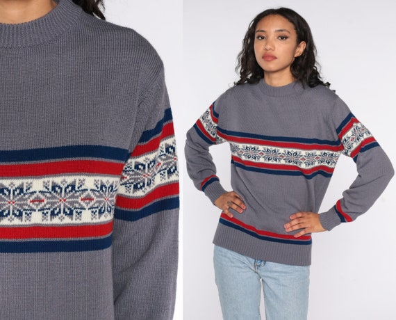 Nordic Snowflake Sweater 80s Ski Sweater Grey Geometric Fair Isle Sweater Boho Knit Retro Norwegian 1980s Pullover Medium Large