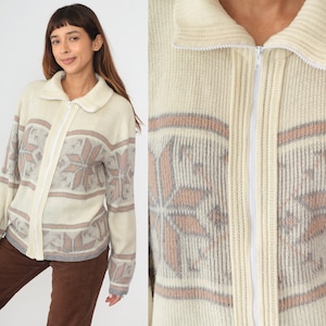 Nordic Snowflake Cardigan 80s Cream Zip Up Knit Sweater Fair Isle Print Grandpa Sweater Winter Acrylic Pink Vintage 1980s Men&#39;s Medium