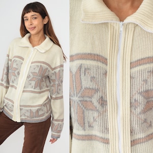 Nordic Snowflake Cardigan 80s Cream Zip Up Knit Sweater Fair Isle Print Grandpa Sweater Winter Acrylic Pink Vintage 1980s Men's Medium image 1