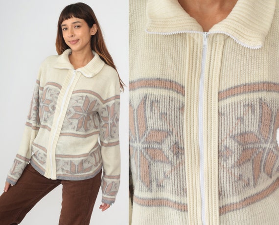 Nordic Snowflake Cardigan 80s Cream Zip Up Knit Sweater Fair Isle Print Grandpa Sweater Winter Acrylic Pink Vintage 1980s Men's Medium