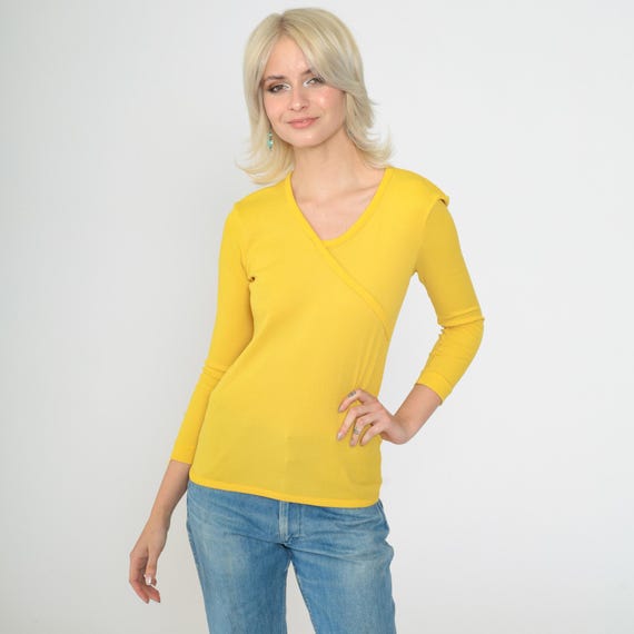 Vintage Ribbed Yellow Shirt 70s Tight Long Sleeve Asymmetrical Faux Wrap Blouse Hippie Boho V Neck Top 1970s Bohemian Knit Mod Small xs