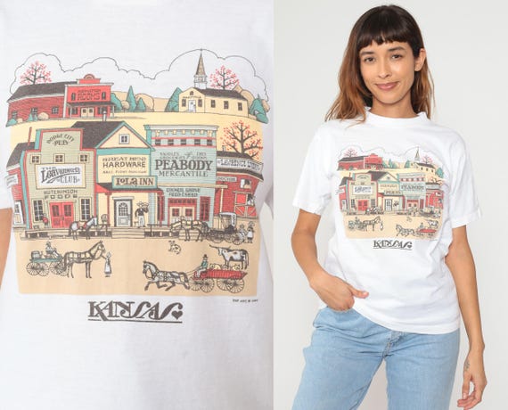 Western Graphic Tshirt 90s Peabody Kansas Town Scene Cotton Tee Oneita White Crew Neck Relaxed Fit Souvenir Streetwear Medium M 8