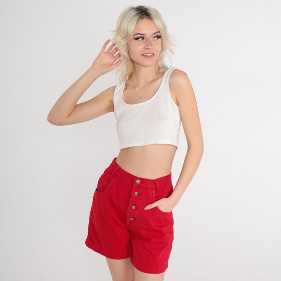 Red Denim Shorts 90s Jean Shorts Exposed Button Fly High Waisted High Rise Retro Basic Plain Vintage 1990s London London Extra Small xs