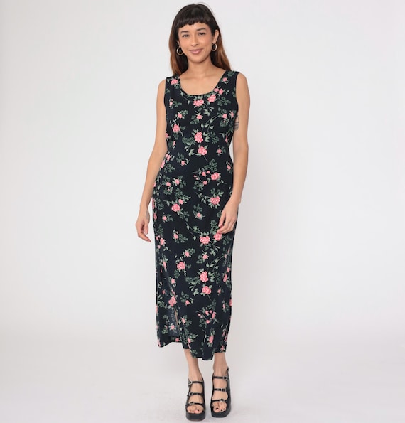 90s Black Floral Sundress Midi Dress Sleeveless Day Dress Pink Flower Print Side Slit Summer Sun Dress Boho Hippie Vintage 1990s Medium