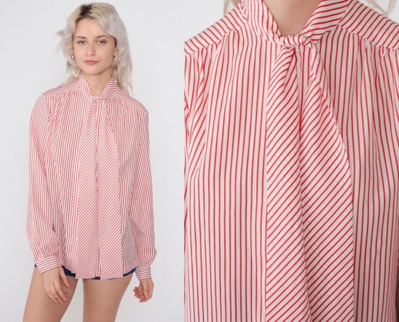 Striped Necktie Top 70s Ascot Blouse Red White Pussy Bow Shirt Candy Stripe Button Up Long Sleeve Neck Tie Secretary Vintage 1970s Large L