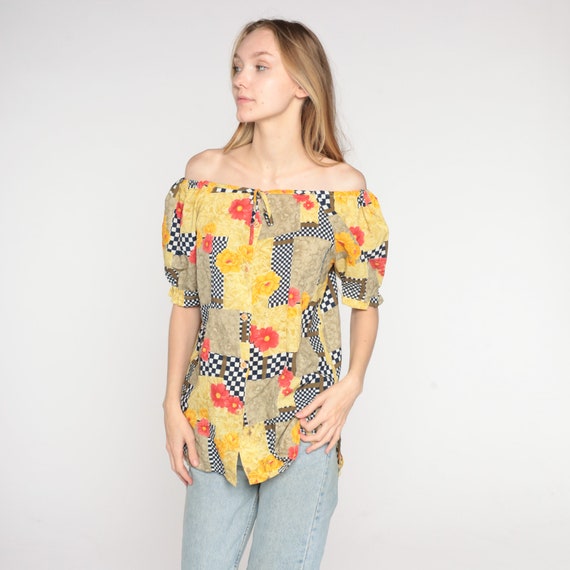 Vintage Floral Peasant Blouse 90s Off Shoulder Top Patchwork Shirt Puff Sleeve Checkered Hippie Retro Bohemian Summer 1990s Yellow Medium