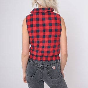 Buffalo Plaid Vest 90s Insulated Vest Red Plaid Flannel Vest Sleeveless Jacket Winter 1990s Zip Up Lumberjack Vintage Black Extra Small xs image 6