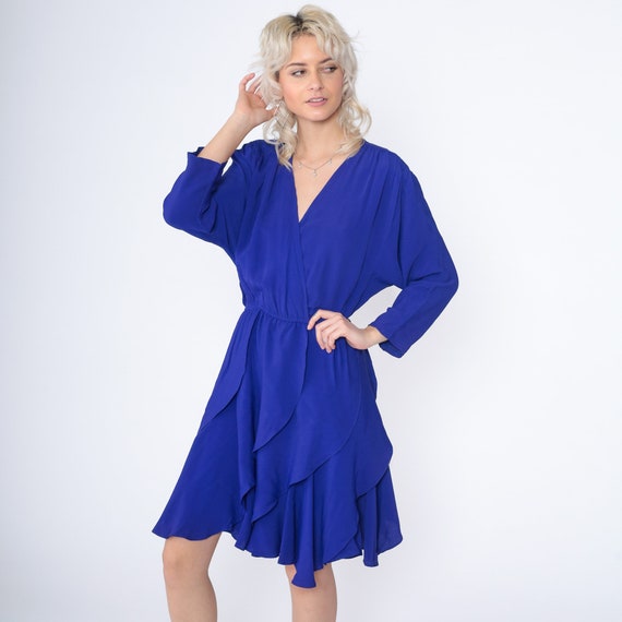 Blue Mini Dress 90s Faux Wrap Dress Flowy Layered Flounce High Waisted Long Sleeve V Neck Party Tiered Indigo Vintage 1990s Flouncy Small S