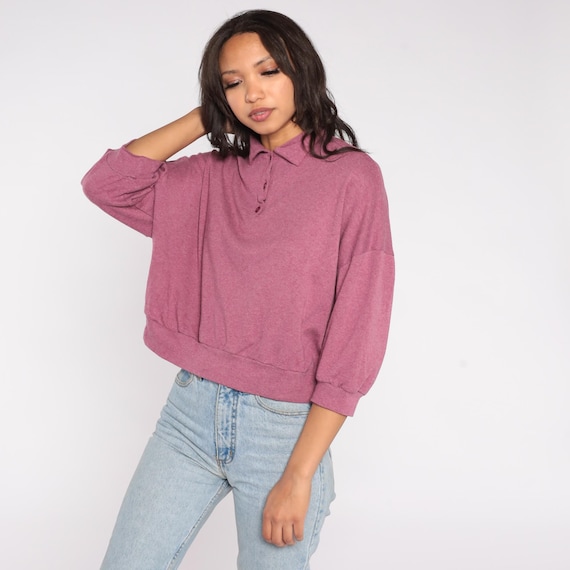Mauve Polo Sweater 90s Cropped Dusty Rose 3/4 Sleeve Cotton Blend Button Collar Boxy Pullover Hem Vintage Y2K Casual XL
